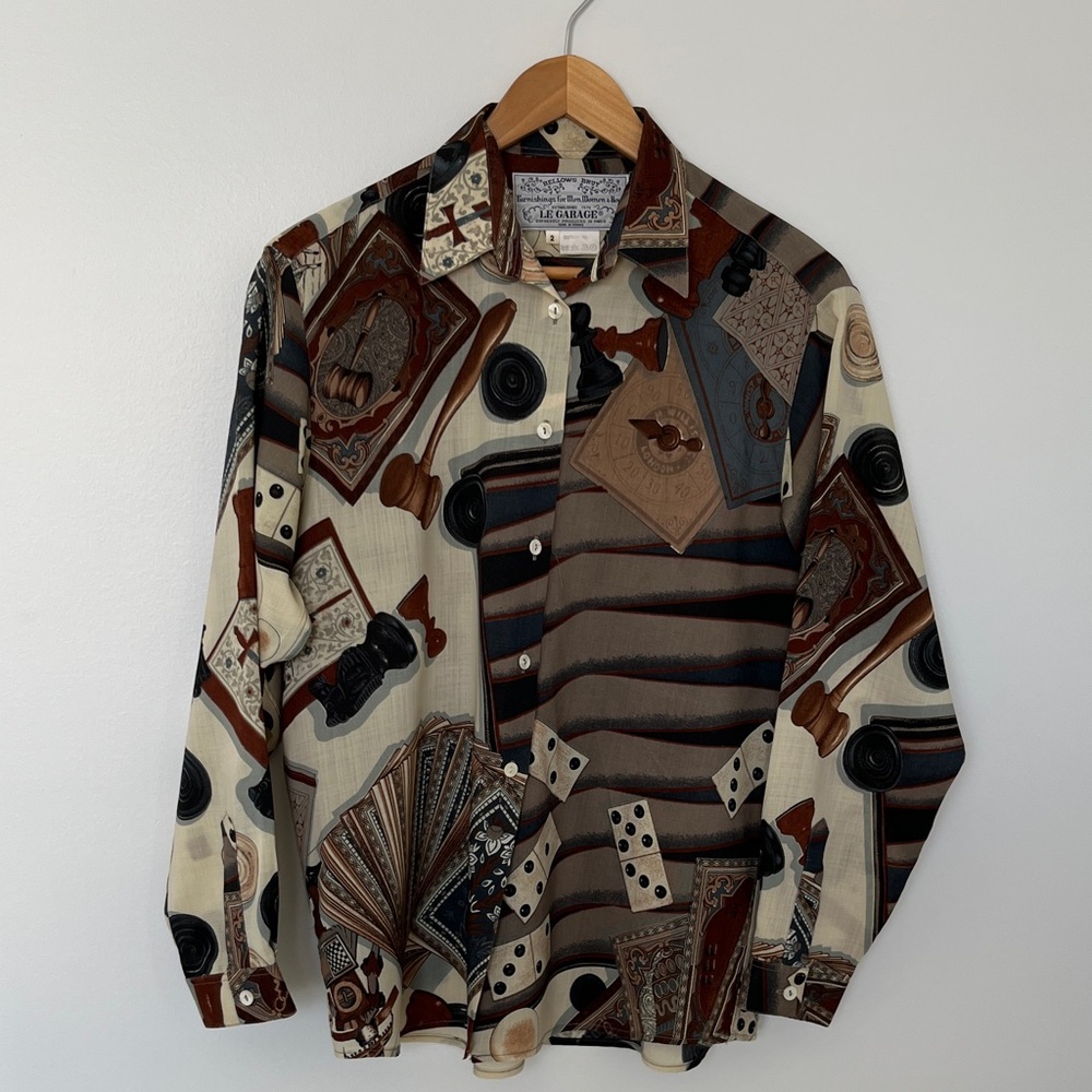 Bellows Brut Le Garage Casino-Style Button-Up Shirt — Cream & Brown & Black, M/L